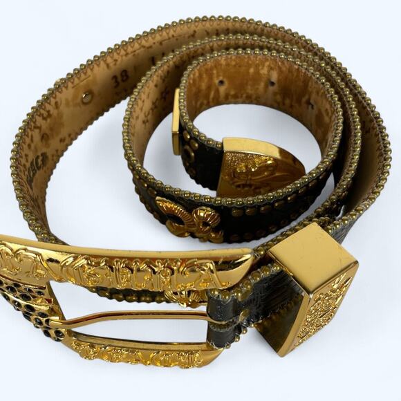 Laguna Beach Black Leather Belt Rhinestones with Gold Hardware size 38 - Picture 2 of 4